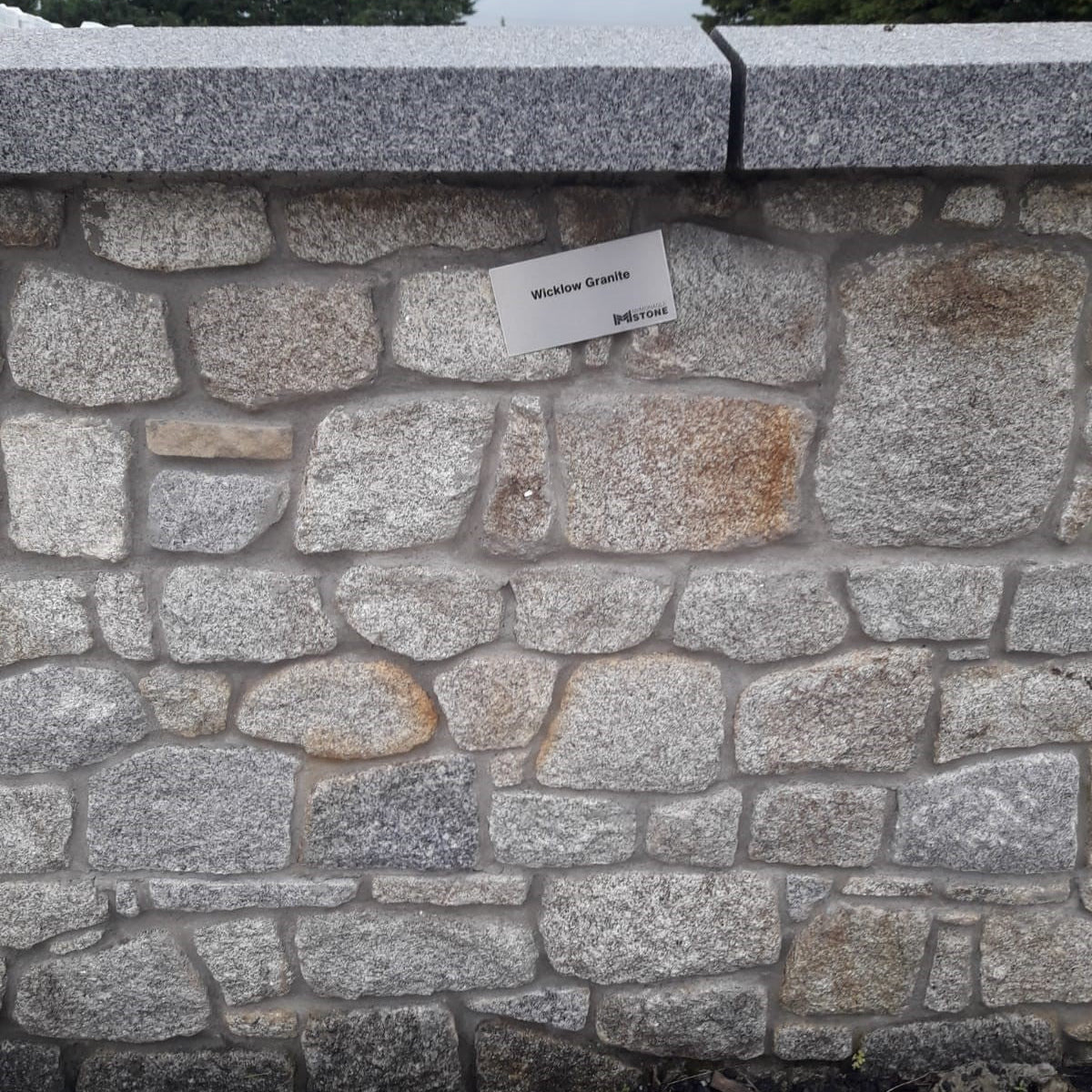 Stone wall with a label indicating material type, set against a natural background and Silver Granite wall capping.