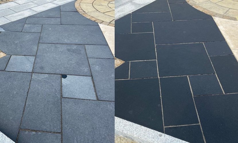PROTECTiT Colour Restorer Application - Black Limestone Paving Before & After