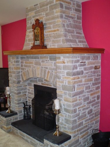 Silver Donegal Quartzite Fireplace with a splash of Gold Donegal Quartzite - Machine Block 
