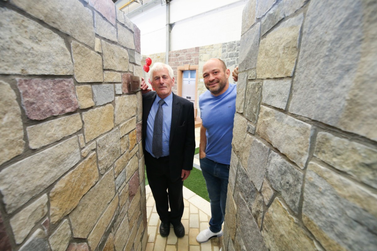 Dan McMonagle and Rory Best pictured at our new interior stoneer cladding displays. 